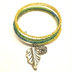 Green Beaded Leaf Charm Memory Wire Bracelet